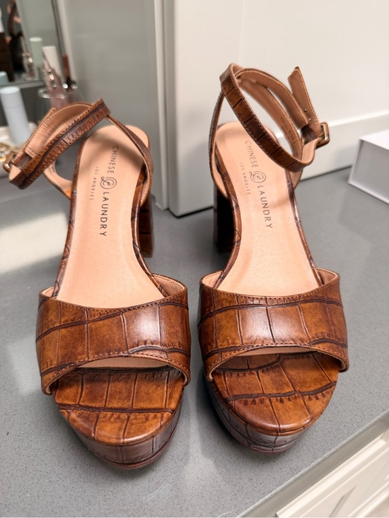 Chinese Laundry Shoes - Chinese Laundry Croc-Embossed Tan Platform Sandals